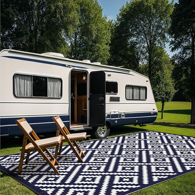 GENIMO Outdoor Rug for Patio Clearance, 10'x14' Waterproof Large Camping Mat, Reversible Plastic Straw Rugs for RV, Camper, Balcony, Backyard, Picnic, Deck (Navy Blue & White)