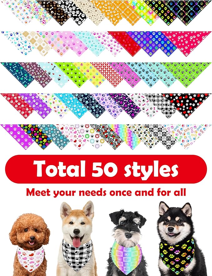 PET SHOW 50 Pack Paw Pattern Big Dog Bandanas Bulk XL Washable Triangle Bibs for Medium Large Dogs Girl Boy Kerchief Set Pet Scarves Grooming Accessories