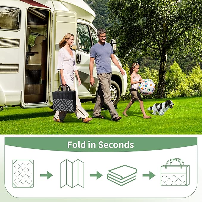 GENIMO Outdoor Rug Waterproof, 10' x 20' Reversible Plastic Straw Rug, Lightweight Large RV Camping Mat for Patio, Deck, Camper, Balcony, Backyard, Picnic, Black & Gray
