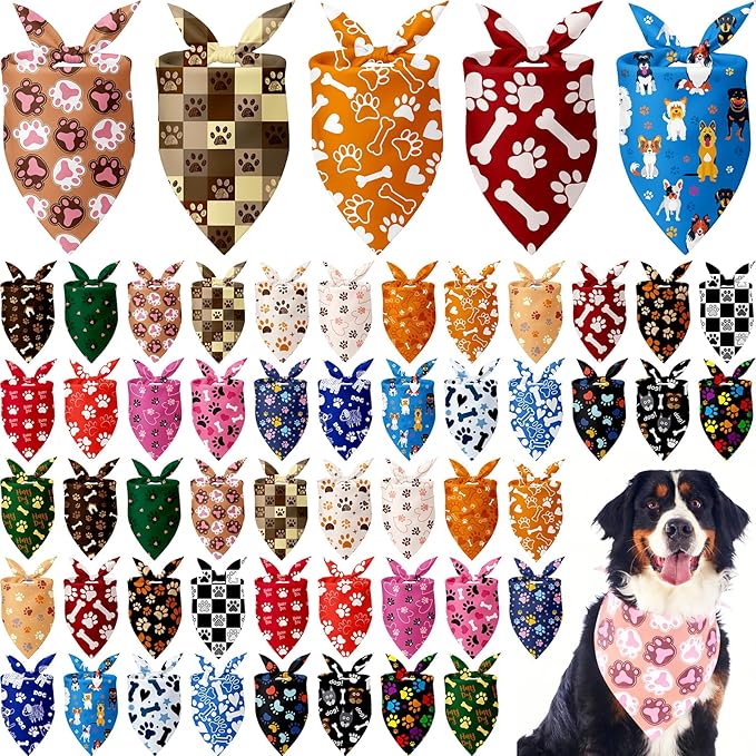 Kacctyen 50 Pcs Dog Bandanas Bulk Large Bandanas for Dogs Grooming with Dog Paws Pattern Adjustable Pet Triangle Scarf Bib Washable for Small Medium Large Puppy Cats Pets Costume Accessories
