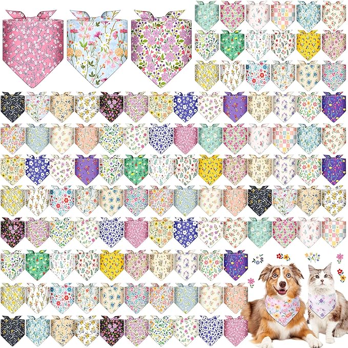 Reginary 120 Packs Spring Dog Bandanas Bulk Flower Dog Scarf Adjustable Holiday Floral Pet Scarf Flower Washable Scarves Triangle Drool Bibs for Cat Pet Costume Supply