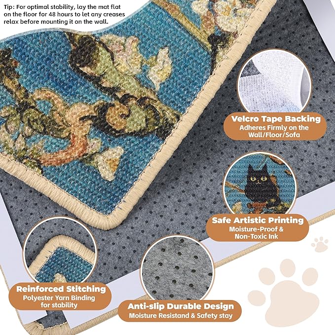 Sisal Cat Scratcher Mat, Cat Wall Scratcher for Indoor Cats, 23.6x15.7 Inch Cat Scratch Pad with Hook & Loop, Wall Mounted Cat Scratching Post to Protect Couch and Carpet（Almond Blossoms）