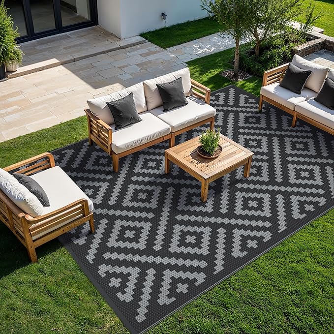 GENIMO Outdoor Rugs 8x10 Waterproof, Reversible Mats, Area Plastic Straw Rug, Outside Carpet, Geometric Rv Mat for Patio Camping Rv Picnic Backyard Deck Balcony Porch Beach Trailer (Black & Grey)