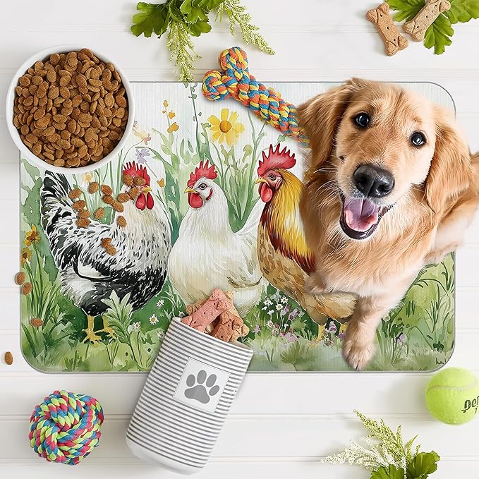 Chicken Rooster Dog Food Mat for Floors,Farm FlowerAbsorbent Pet Food and Water Bowl Mats,Non-Slip Pet Feeding Mat,Pet Supplies 12" x 20"