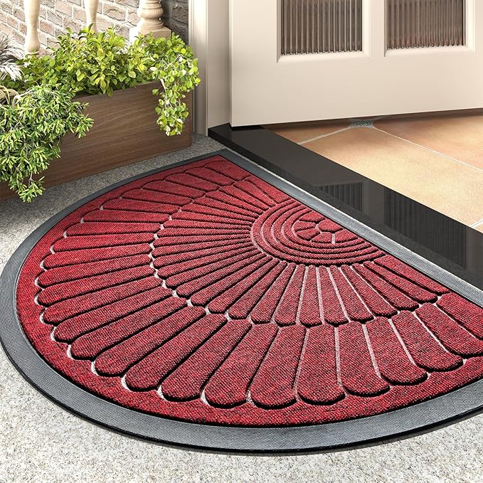 tchdio Door Mat Outdoor Indoor Entrance Doormat-Semicircular Durable Rubber Non Slip Front Door Mat for Outside Inside Entry Entryway Dirt Trapper WelcomeMat for Muddy Paws and Shoes-Red 24”x36”