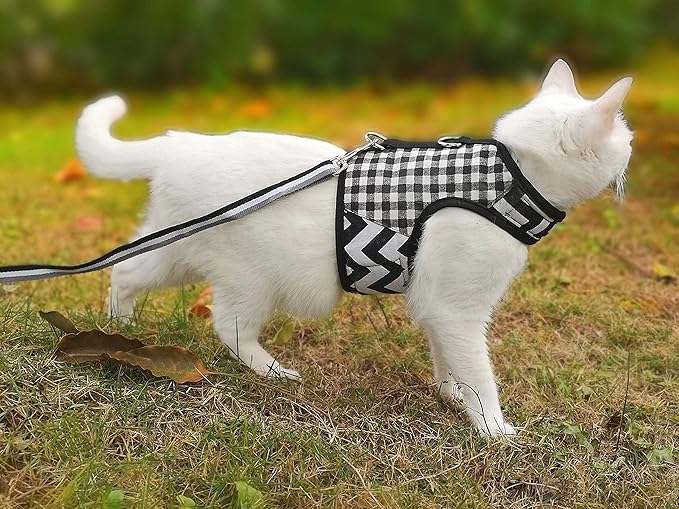 Cat Harness and Leash for Walking Escape Proof, Adjustable Cat Vest Harness, Padded Stylish Cat Walking Jackets, Black Plaid, Extra Large