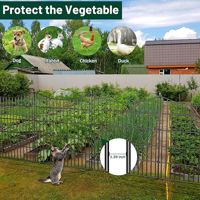 10 Panels No Dig Dog Fence Outdoor for Yard, 32 in(H) X 23.6 ft(L) Decorative Tall Garden Fence Animal Barrier, Rustproof Metal Wire Garden Edging and Borders, Temporary Fencing Stakes