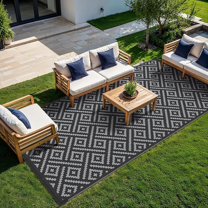 GENIMO Outdoor Rug for Patio Clearance,9'x18' Waterproof Mat,Reversible Plastic Camping Rugs,Rv,Porch,Deck,Camper,Balcony,Backyard,Black & Gray