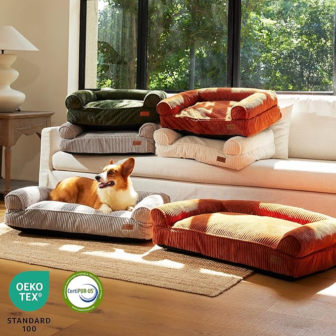 FUKUMARU Cute Dog Bed, Thickened Orthopedic Dogs Couch, 36in Egg Crate Foam Pet Sofa for Medium to Large Dogs, Waterproof Warm Corduroy Pet Bed with Washable Cover, Cream