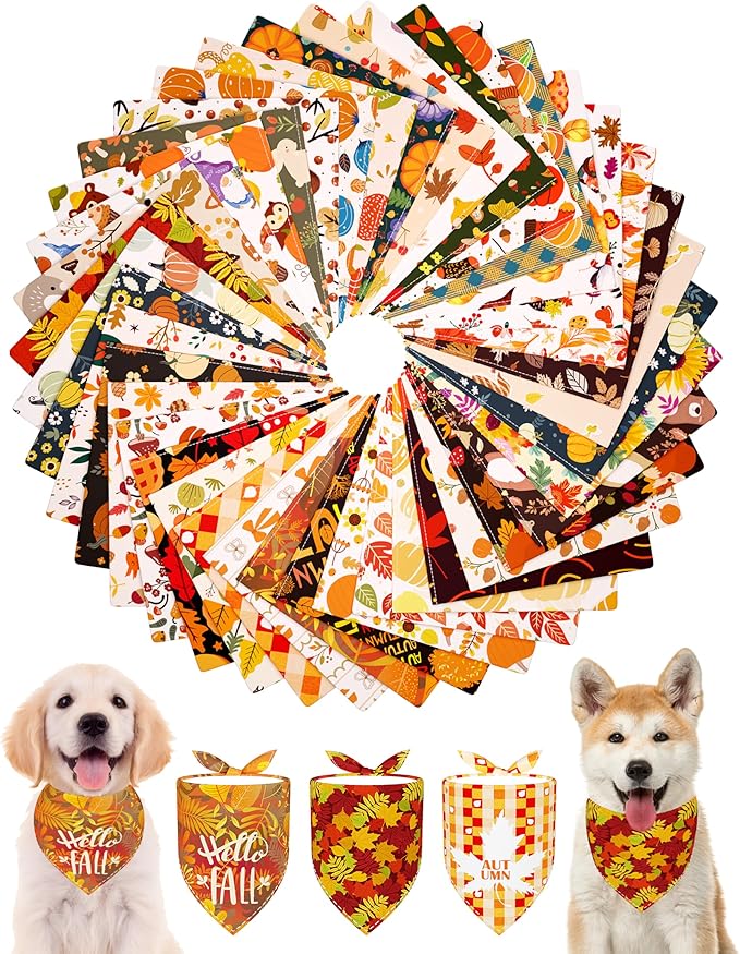 PET SHOW 50 Pack Fall Dog Bandanas Bulk Washable Thanksgiving Autumn Maple Leaves Scarves Puppy Pumpkin Triangle Bibs Kerchief Set Cats Girl Boy Grooming Accessories