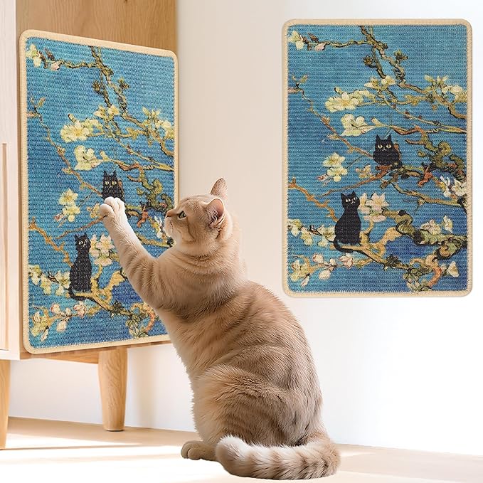 Sisal Cat Scratcher Mat, Cat Wall Scratcher for Indoor Cats, 23.6x15.7 Inch Cat Scratch Pad with Hook & Loop, Wall Mounted Cat Scratching Post to Protect Couch and Carpet（Almond Blossoms）