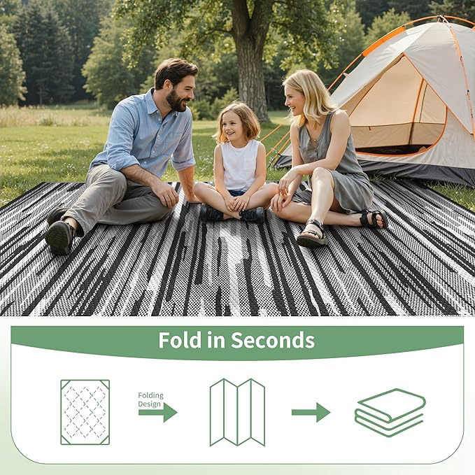 GENIMO Outdoor Rug for Patio Clearance, 6'x9' Waterproof Camping Mat, Reversible Plastic Straw Rugs for RV, Camper, Balcony, Backyard, Picnic, Deck (Black White)