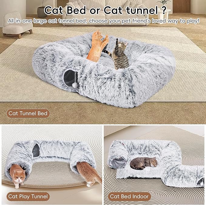Extra Large Cat Tunnel Bed, 4 Ways Tunnels for Indoor Cats, Multi-cat Family Cat Bed & Cave, Plush Cat Donut with Washable Middle Mat, Exit Balls, Pet Play Toy for Kitten Puppy Rabbit