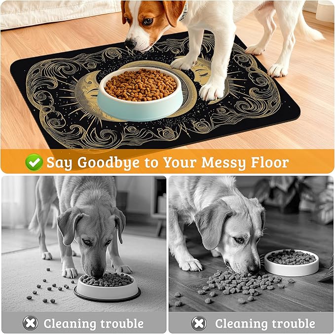 Dog Bowl Mat,Moon Sun Pet Feeding Mat for Floors Waterproof,Boho Vintage Absorbent Dogs Placemat for Food and Water Quick Dry Pet Cat Feeding Mats with Non Slip Bottom 12" x 20"
