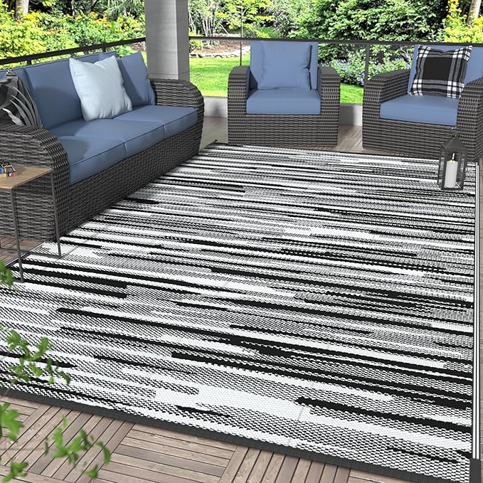 GENIMO Outdoor Rug for Patio Clearance, 8'x10' Waterproof Camping Mat, Reversible Plastic Straw Rugs for RV, Camper, Balcony, Backyard, Picnic, Deck (Black White)