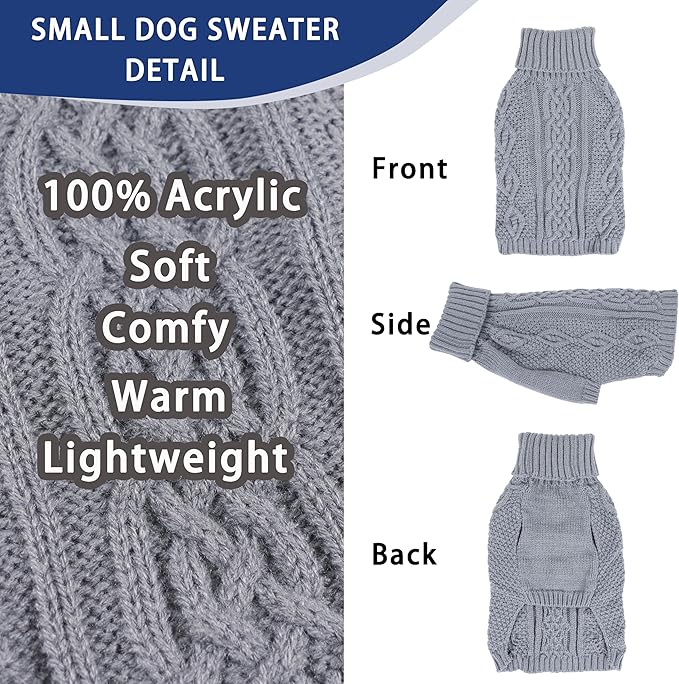 Dog Sweaters Small Dog Clothes Winter Turtleneck Puppy Sweater Warm Pet Cat Sweater Doggy Pullover Outfit with Twisted Design XS~XL(Grey, Large)