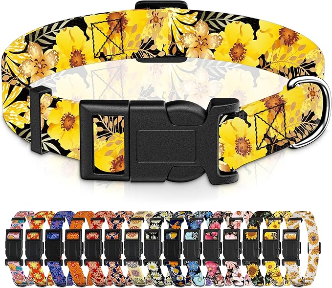 Dog Collar for Boys Girls, Puppy Collar for Small Medium Large Dogs, Adjustable Soft Patterned Pet Collar with Safety Buckle for Male Females(Yellow Floral,XS)
