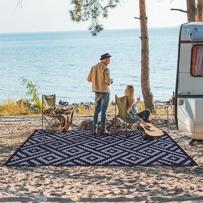 GENIMO Outdoor Rug for Patio Clearance, 8'x10' Waterproof Camping Mat, Reversible Plastic Straw Rugs for RV, Camper, Balcony, Backyard, Picnic, Deck (Blue & Grey)