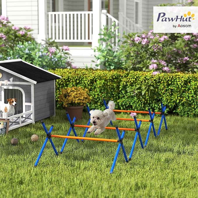 PawHut 4 Pieces Dog Agility Training Equipment, Dog Agility Course Backyard Set with Adjustable Height and Carry Bag, Indoor Outdoor Jumping Hurdles for Training, Orange