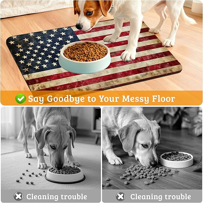 Retro Flag Dog Cat Food Mat,Absorbent Waterproof Placemat for Food and Water Non Slip Rubber Backing Durable Feeding Pad for Clean Floors 12" x 20"