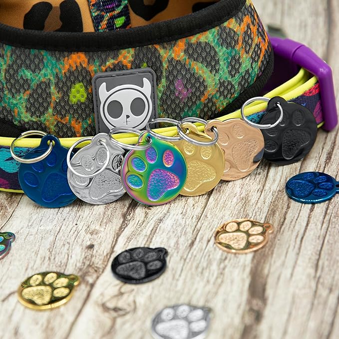 Engraved Pet Tag for Dogs and Cats - Personalized Front & Back up to 4 Lines of Text Custom Engraved ID, Round Paw Print Solid Plating Stainless Steel Black Small