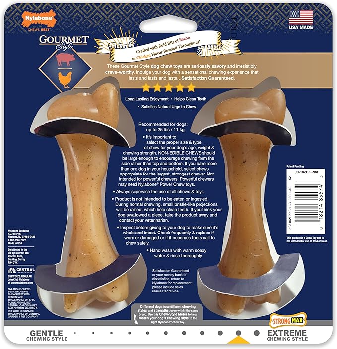 Nylabone Gourmet Style Strong Chew Toy Bundle, Toys for Dogs, Bacon & Chicken Flavor, Small - Up to 25 lbs, 2 Pack