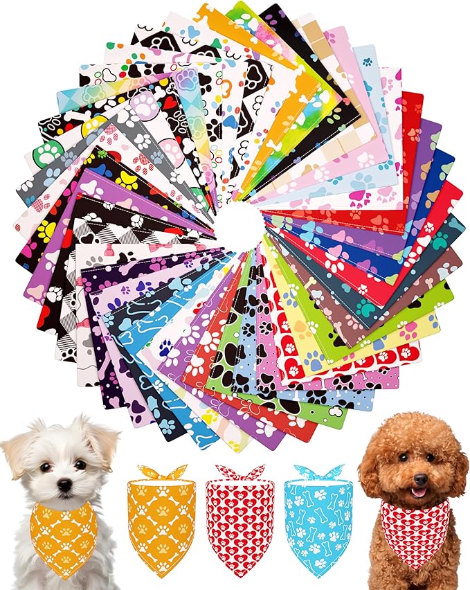 PET SHOW 50 Pack Paw Pattern Small Dog Bandanas Bulk XS Washable Puppy Girl Boy Triangle Bibs Kerchief Set Cats Scarves Pet Grooming Accessories