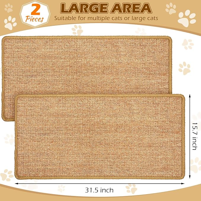 Riakrum 2 Pack 32 x 16 Inches Sisal Cat Pad Rectangular Sisal Scratch Mat Natural Fabric Horizontal Cat Pad Scratching Scratch Mat Protector for Furniture Sofa and Wall(Brown)