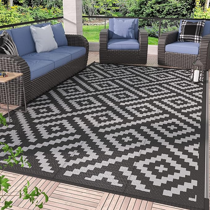 GENIMO Outdoor Rug 4x6 Waterproof, Reversible Mats, Outdoor Area Rug, Plastic Outside Carpet, Eeometric Rv Mat for Patio Camping Rv Picnic Backyard Deck Balcony Porch Beach (Black & Grey)
