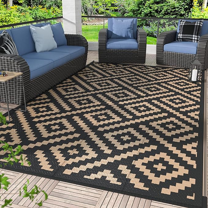 GENIMO Outdoor Rugs 8x10 Waterproof, Reversible Mats, Area Plastic Straw Rug, Outside Carpet, Geometric Rv Mat for Patio Camping Rv Picnic Backyard Deck Balcony Porch Beach Trailer (Black & Brown)