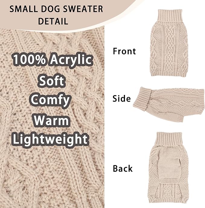Dog Sweaters for Small Dogs Turtleneck Pullover Puppy Sweater Sleeveless Cable Knit Sweater for Chihuahua Soft and Warm Acrylic Cat Dog Clothes for Cool Weather (Beige, Small)