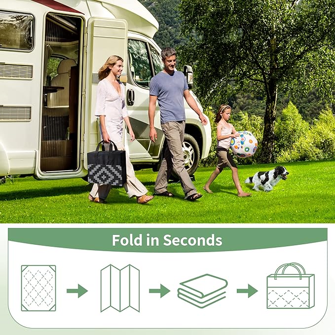 GENIMO Outdoor Rug with LED Strip Lights, 6'x9' Waterproof Camping Mat, Reversible Plastic Straw Rugs for Patio, RV, Camper, Balcony, Backyard, Picnic, Deck, Black & Gray