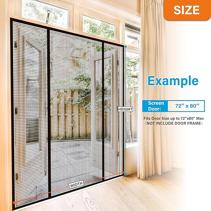 Double Door Fiberglass Magnetic Screen Door，Screen Door Mesh，Keep Bugs Out, Heavy-Duty Mesh Curtain,Pet and Kid Friendly, Works with Front Doors, Sliding Doors（72x96 Inch