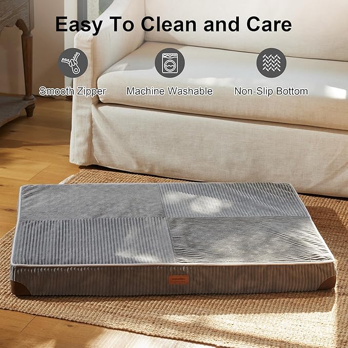 FUKUMARU Dog Bed, Thickened Corduroy Orthopedic Dog Beds with Washable Cover, Large Waterproof Dogs Bed for Crate, 28D Egg Crate Foam Support Pet Mat, Cozy Pet Bed Pad with Anti-Slip Bottom, Grey
