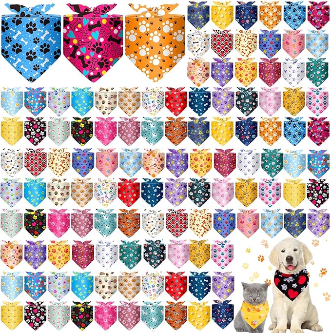 Reginary 120 Packs Dog Bandanas Bulk Christmas Dog Paw Scarf Adjustable Holiday Pet Scarf Washable Scarves Triangle Drool Bibs for Xmas Cat Pet Costume Supply