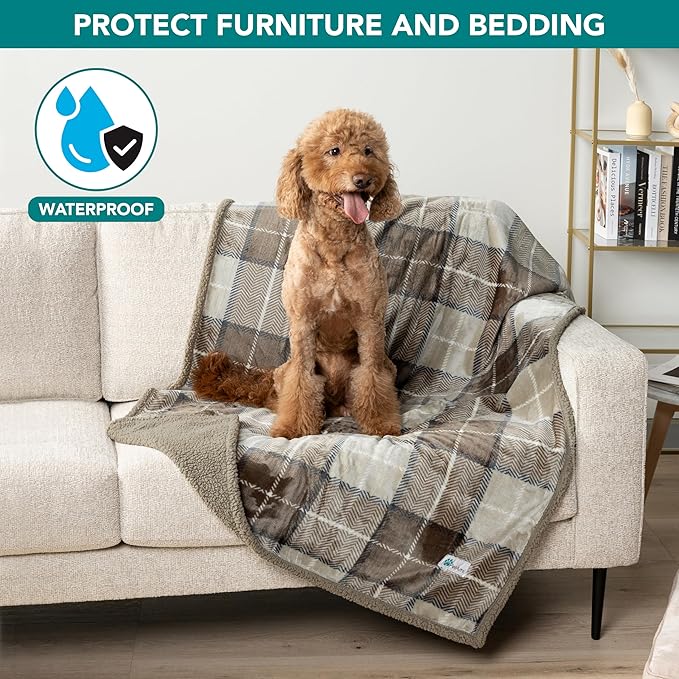 PetAmi Waterproof Dog Blanket for Small Medium Dog Puppy Cat Throw for Couch Cover Leakproof Protection, Sherpa Fleece, Reversible Soft Washable 29x40 Plaid Taupe