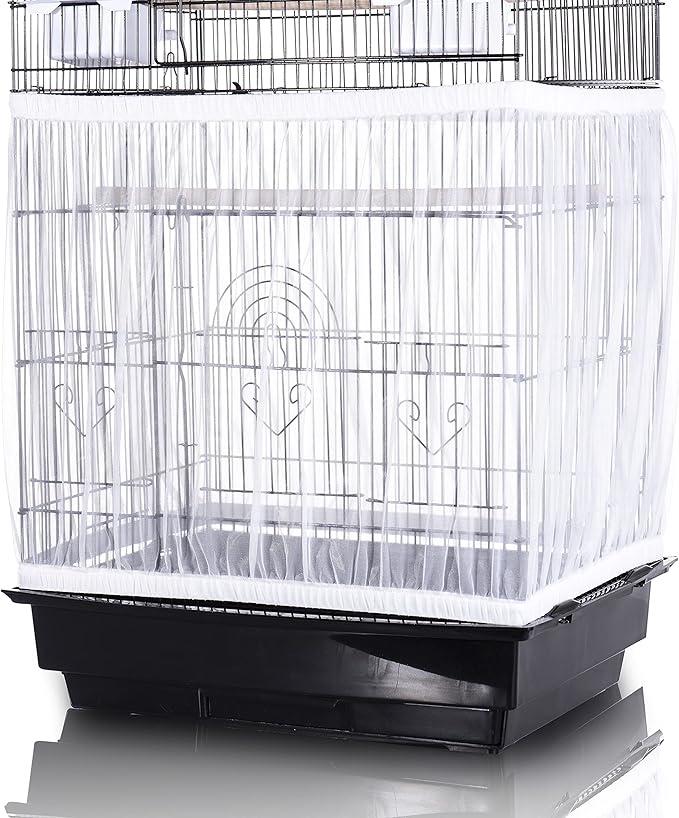Tamu style Bird Cage Seed Catcher, Large, Stretchy Form Fitting Mesh Skirt Cover for Parrot Enclosures, Light and Breathable Fabric, Prevent Scatter and Mess, Reusable, Adjustable, Lightweight, White