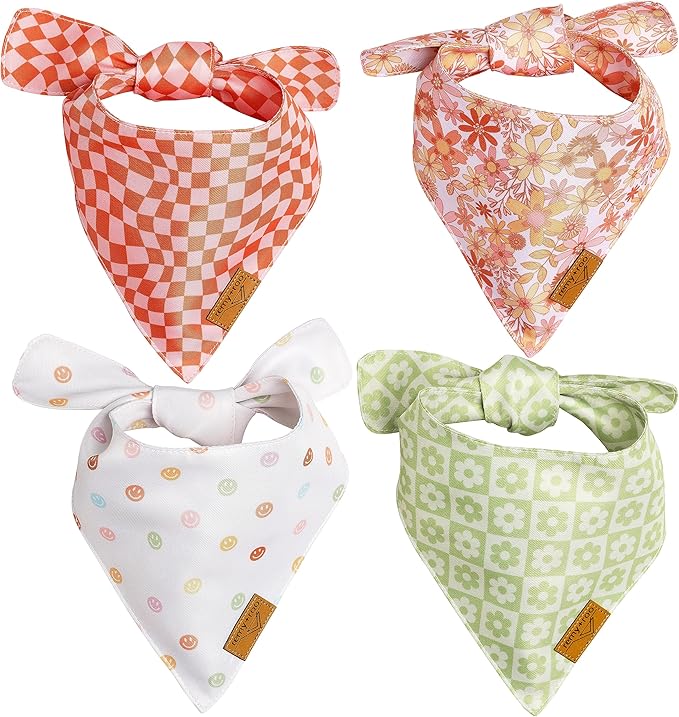 Remy+Roo Extra Large Spring Dog Bandanas - 4 Pack Daisy Set | Premium Durable Adjustable Polyester Fabric | Patented Shape Girl Dog Bandana, Floral Dog Bandana